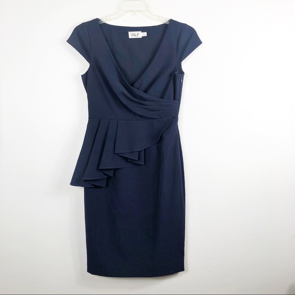 Eliza J Ruffle Peplum Navy Cap Sleeve Sheath Dress - Picture 5 of 9